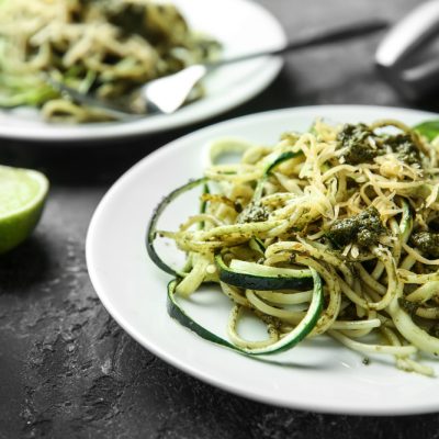 Keto Zucchini Zoodles Drenched in Arugula Lime Pesto Recipe