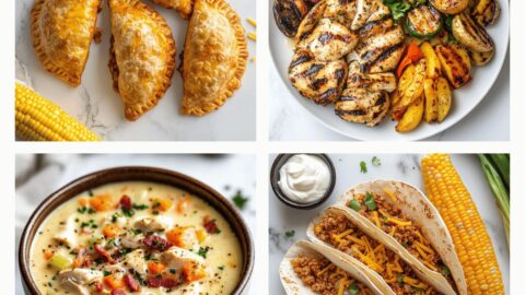 Healthy dinner ideas featuring grilled chicken, empanadas with refried beans, ground turkey tacos, and creamy chicken soup on a white marble countertop.