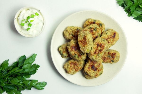 Healthy air Fried Zucchini Tater Tots Recipe on white plate
