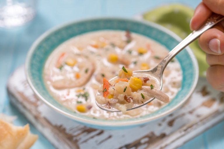 Healthy Chicken Corn Chowder Recipe in bowl with spoon