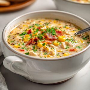Creamy healthy chicken corn chowder in a white bowl with corn, chicken, red peppers and green onions on a marble countertop.