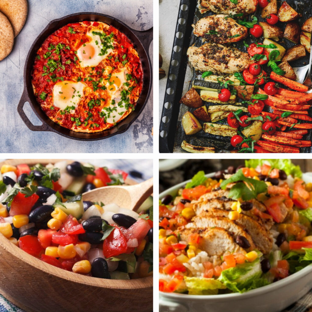 Weight Watchers Personal Points Weekly Meal Plan showing Egg Shakshuka, Mexican Burrito Bowl with Chicken, Easy Sheetpan Chicken & Vegetables and Black Bean Corn Salad