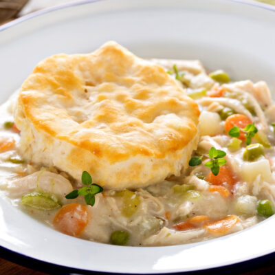 Healthy + Easy Slow Cooker Chicken Pot Pie with Biscuits