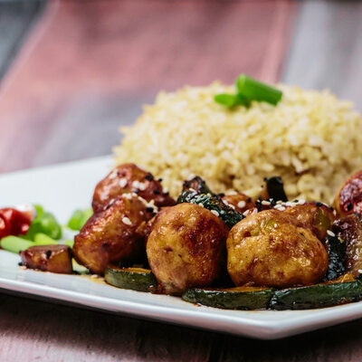 Quick & Juicy Hoisin Glazed Chicken Meatballs with Zucchini & Brown Rice + WW Personal Points