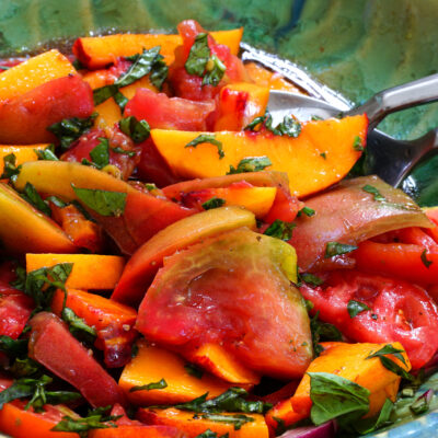 Sweet and Savory Heirloom Tomato Peach Salad Recipe | Weight Watchers-Friendly
