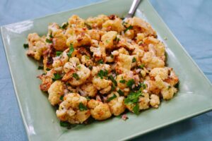 Lemony Roasted Cauliflower Salad | Cauliflower Recipes | Low Carb Dinner Idea on square white plate