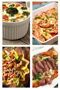 Easy Healthy Weekly Family Meal Plan (Week of 8/14/23) showing 4 meals for the week on the pin
