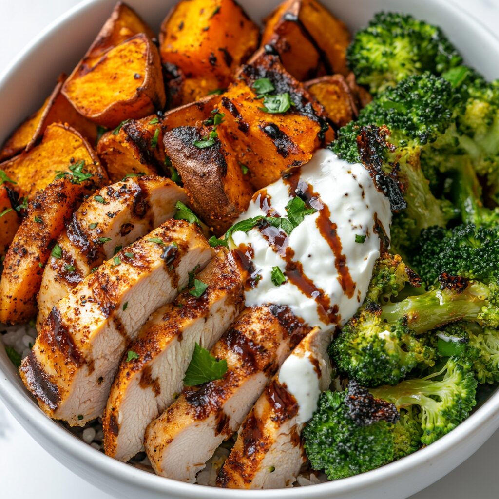Crispy Chicken & Roasted Sweet Potato Bowl - GLP-1 friendly calorie deficit meal plan recipe
