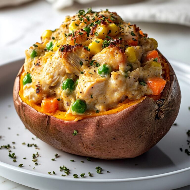 Chicken Pot Pie Stuffed Sweet Potatoes for a high protein calorie deficit meal plan
