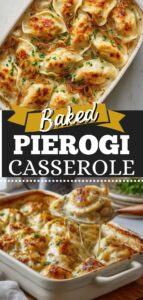 Baked pierogi casserole with creamy sauce and chives on top in a casserole dish.