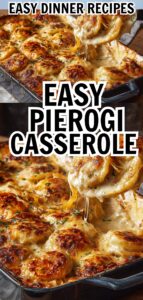 Creamy baked pierogi casserole with caramelized onions and chives, golden around the edges in a casserole dish on a countertop.