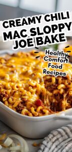 Creamy Lightened-Up Chili Mac Sloppy Joe Bake in a white 13×9 baking dish on a white marble countertop, topped with melted cheddar and made with lean ground turkey, tomatoes, onions, and high-protein macaroni — a cozy, satisfying dish perfect for Healthy Comfort Food Recipes.