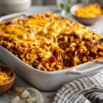 Lightened-up Healthy Chili Mac Sloppy Joe Bake in a white 13×9 dish on a white marble countertop, topped with melted cheddar and loaded with ground turkey, tomatoes, onions, and high-protein macaroni — cozy, hearty, and perfect for Healthy Comfort Food Recipes.
