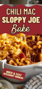 Quick and Easy Weeknight Dinners: Creamy Lightened-Up Chili Mac Sloppy Joe Bake with lean ground turkey, high-protein macaroni, tomatoes, onions, and melted cheddar in a white 13×9 dish on a white marble countertop.