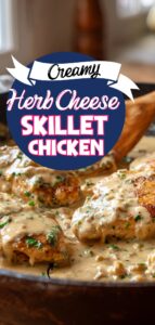 Creamy herb cheese skillet chicken in a cast iron skillet with garlic herb cream sauce