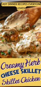 Creamy herb cheese skillet chicken cooked in a cast iron skillet with garlic herb cheese sauce, an easy dinner recipe.