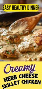 Creamy herb cheese skillet chicken with garlic herb cheese sauce in a cast iron skillet