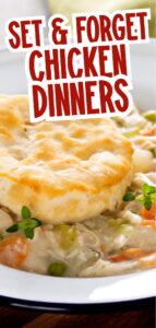 Crockpot chicken pot pie with biscuits baked until golden and comforting