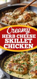 Easy creamy herb cheese skillet chicken recipe with golden chicken breasts and garlic herb cream sauce