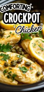 Creamy crockpot chicken piccata served with a rich lemon sauce for an easy dinner