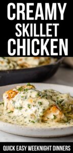 Creamy herb cheese skillet chicken in a cast iron skillet with garlic herb cheese sauce, a quick easy weeknight dinner.