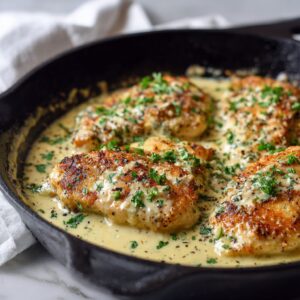 Creamy herb cheese skillet chicken in a cast iron skillet with garlic herb sauce