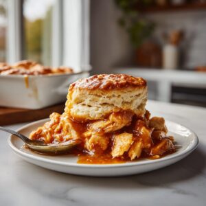 Chicken biscuit casserole with hot honey chicken spooned onto a white plate, topped with a flaky biscuit and saucy chicken filling