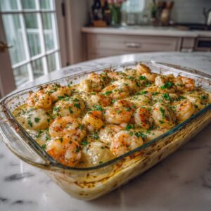 Glass baking dish filled with healthy shrimp pierogi casserole topped with parsley on a white marble countertop in a bright kitchen. 