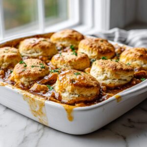 Hot honey chicken biscuit casserole baked in a white casserole dish with golden flaky biscuits and saucy chicken filling