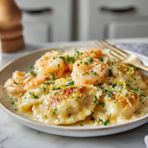 Plated serving of shrimp pierogi casserole topped with parsley and lemon zest on a dinner plate.