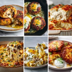 Collage of six high protein meals including turkey croquettes, turkey egg cakes, cottage cheese casserole, turkey black bean bake, creamy turkey egg noodles, and crispy turkey fritters made with simple budget ingredients.