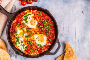 egg shakshuka high protein breakfast recipe eggs in tomato sauce healthy easy meal