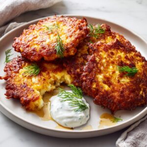 Crispy Cottage Cheese Turkey Protein Fritters with Creamy Dill Yogurt Sauce