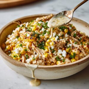 Rotisserie chicken street corn protein bowl with charred corn, cotija cheese, green onions and creamy lime sauce on a white marble countertop