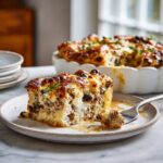 Slice of savory turkey and black bean protein clafoutis with cottage cheese baked into a fluffy golden casserole and served on a plate with the baking dish in the background.