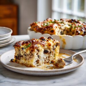 Slice of savory turkey and black bean protein clafoutis with cottage cheese baked into a fluffy golden casserole and served on a plate with the baking dish in the background.