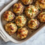 Baked mushrooms stuffed with ground turkey and cottage cheese topped with melted golden cheese in a casserole dish.