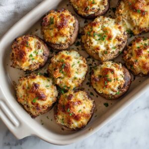 Baked mushrooms stuffed with ground turkey and cottage cheese topped with melted golden cheese in a casserole dish.