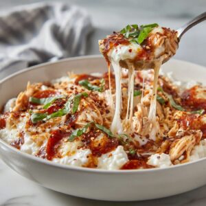 Cottage cheese pizza protein bowl topped with marinara sauce, shredded rotisserie chicken, melted mozzarella cheese and turkey pepperoni with basil and red pepper flakes.