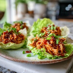 Honey sriracha rotisserie chicken lettuce cups with sesame seeds and green onions served on a plate for an easy high protein dinner recipe.