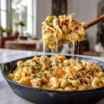 Hot honey protein mac skillet with creamy macaroni, shredded rotisserie chicken, melted cheese and hot honey drizzle with parsley and red pepper flakes.