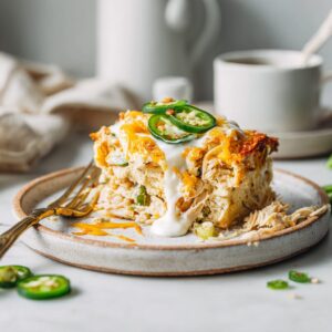 High protein jalapeño popper chicken bake with shredded chicken, melted cheese, jalapeño slices and creamy yogurt sauce on a white marble countertop