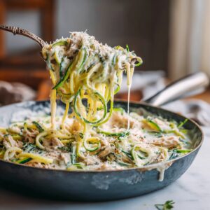 Rotisserie chicken cottage cheese Alfredo zoodle skillet with zucchini noodles, shredded rotisserie chicken and creamy Alfredo sauce