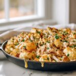 Rotisserie chicken garlic butter cauliflower protein skillet with roasted cauliflower florets and shredded rotisserie chicken tossed in a buttery garlic sauce and sprinkled with fresh parsley.