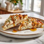 high protein rotisserie chicken hot honey ricotta flatbread with shredded chicken melted mozzarella and honey drizzle