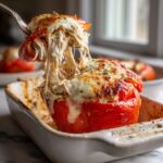 High protein rotisserie chicken lemon ricotta stuffed red peppers baked with spinach and melted mozzarella