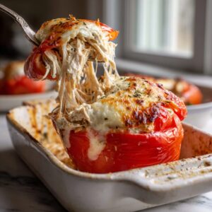 High protein rotisserie chicken lemon ricotta stuffed red peppers baked with spinach and melted mozzarella