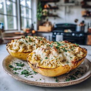 Rotisserie chicken stuffed spaghetti squash bowls topped with melted parmesan cheese and herbs on a plate.