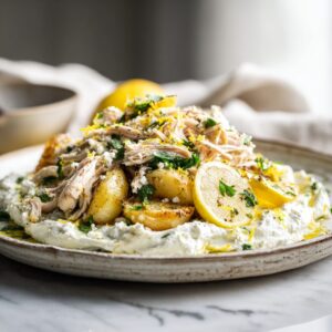 Rotisserie chicken whipped feta lemon plate with roasted baby potatoes, shredded rotisserie chicken, creamy whipped feta, lemon slices, olive oil and fresh parsley.