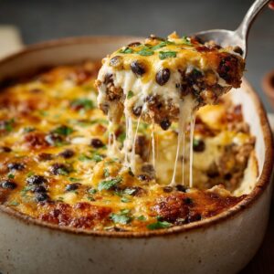 Turkey black bean cottage cheese protein bake with melted cheese being lifted from a casserole dish.